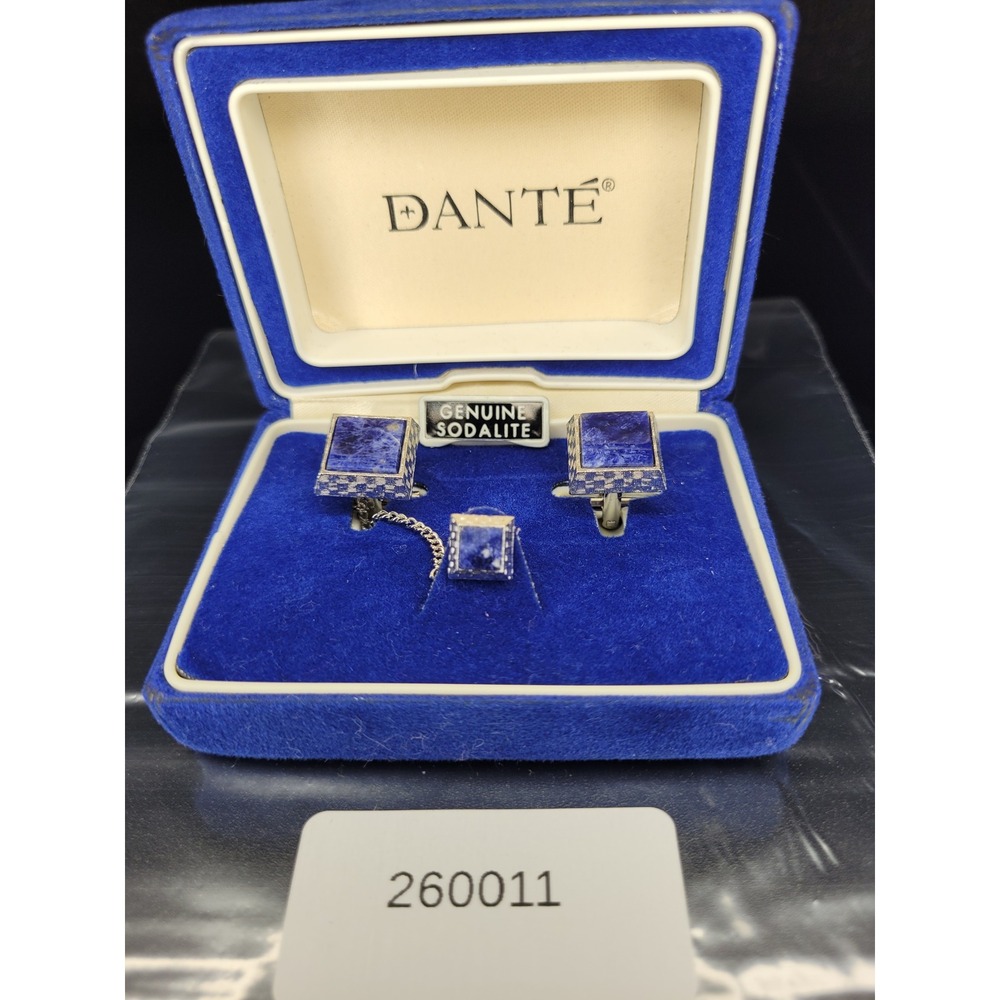 Dante Cufflink Tie Tack Set Blue Genuine Sodalite Silver Square Checkerboard
